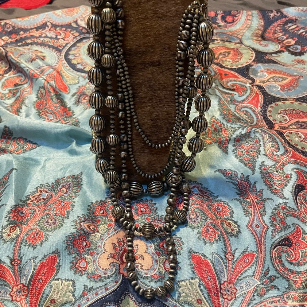 Faux  Silver Beaded Navajo Necklace Set